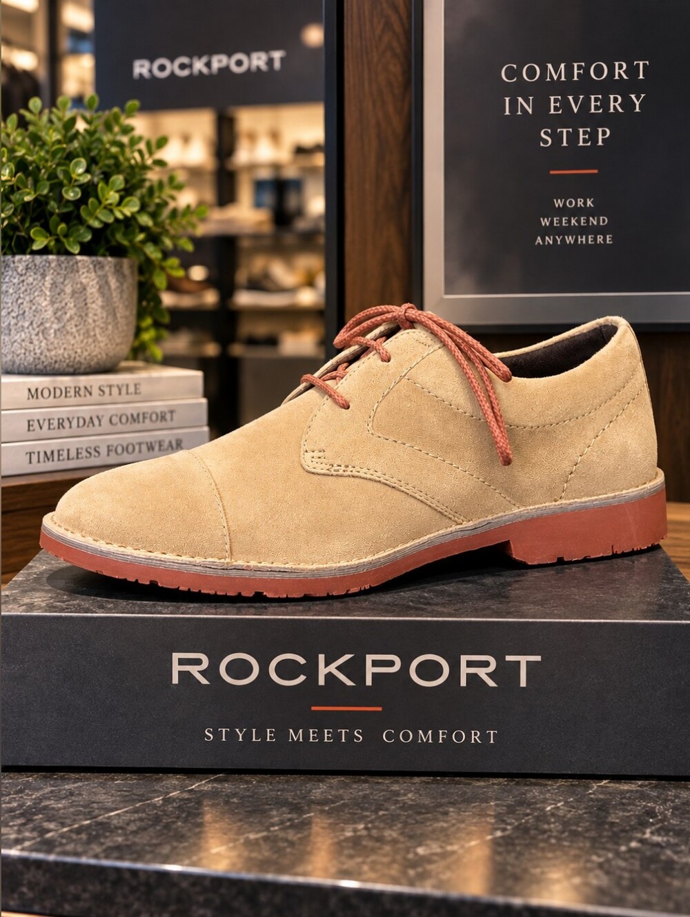 Rockport Men’s Suede Derby in Sand with Rust Sole